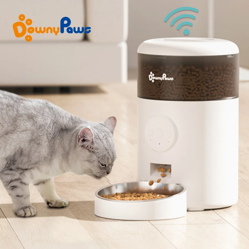 DownyPaws 4L Automatyczny karmnik dla kotów z miską ze stali nierdzewnej Anti-Clog WIFI Feeder dla zwierząt domowych Dog Timing Cats Kibble Dispenser